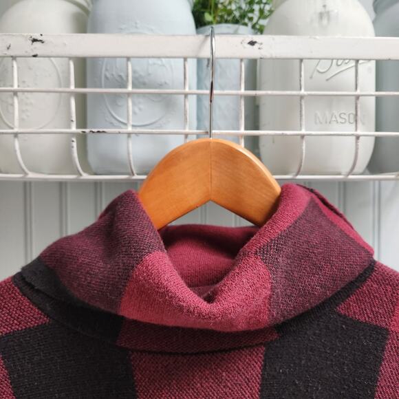Adrienne Vittadini Maroon and Black Buffalo Plaid Cowl Neck Sweater - Picture 3 of 7